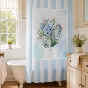 Blue Hydrangea Watercolor Striped Shower Curtain