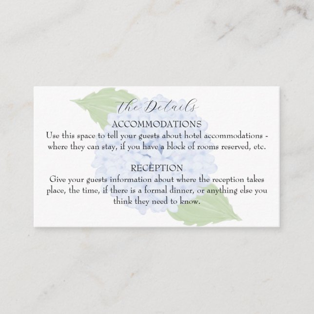 Blue Hydrangea Watercolor Wedding Details Enclosure Card (Front)
