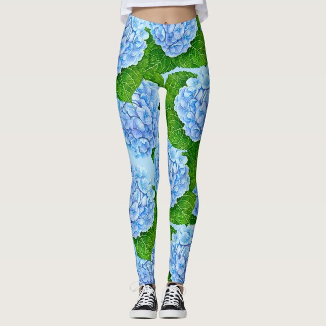 Blue hydrangea waterolor pattern leggings (Front)
