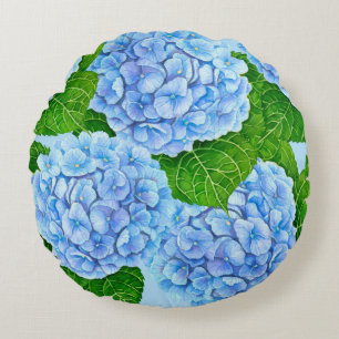 Blue hydrangea waterolor pattern round pillow