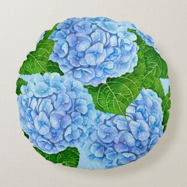 Blue hydrangea waterolor pattern round pillow (Front)