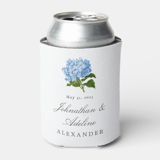 Blue Hydrangea Wedding Can Cooler (Can Front)