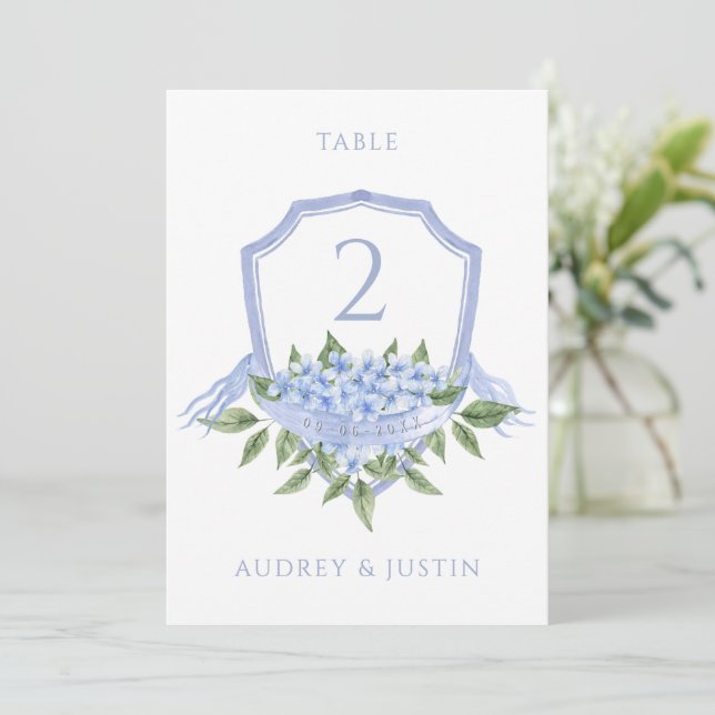 Blue Hydrangea Wedding Crest Table Card (Standing Front)
