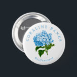 Blue Hydrangea Wedding Party Bridesmaid 2 Inch Round Button<br><div class="desc">Help your wedding party get to know each other with these beautifully simple and fun wearable buttons featuring easy to customize,  elegant,  arched name text the title role they'll play on your wedding day. Chic text encircles an antique illustration of a French blue hydrangea flower in pretty,  grandmillennial style.</div>