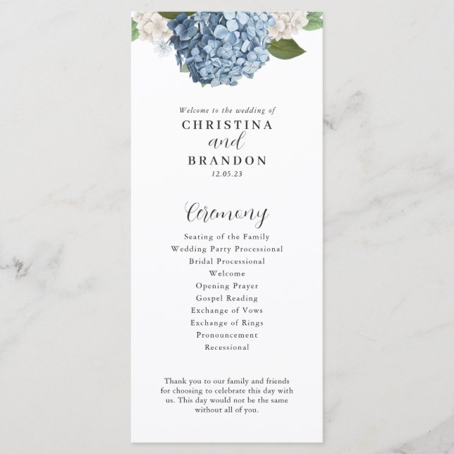 Blue Hydrangea Wedding Program (Front)