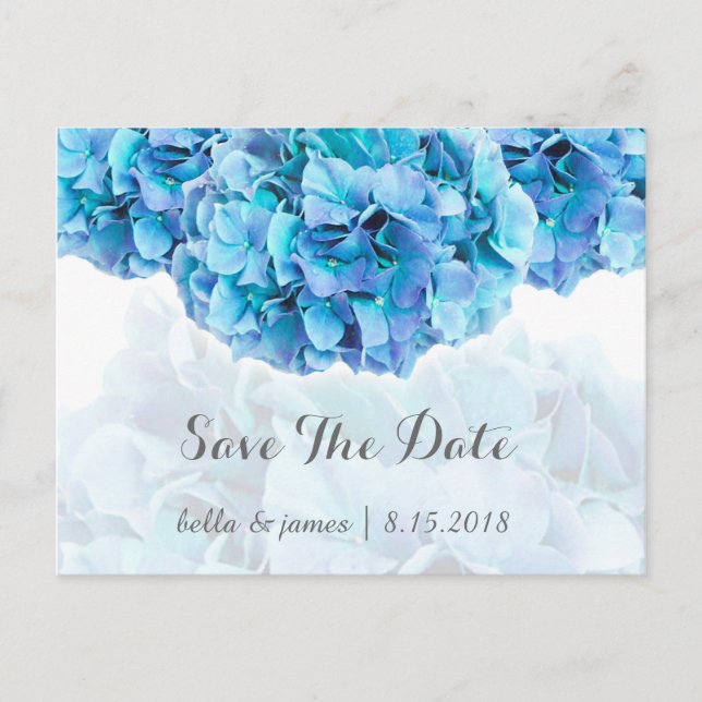 Blue hydrangea wedding save the date postcard (Front)