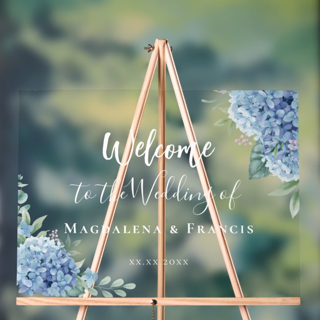 Blue Hydrangea wedding welcome Acrylic Sign (Neutral)