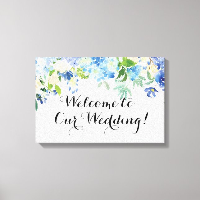 Blue Hydrangea Welcome to Our Wedding Canvas Sign (Front)