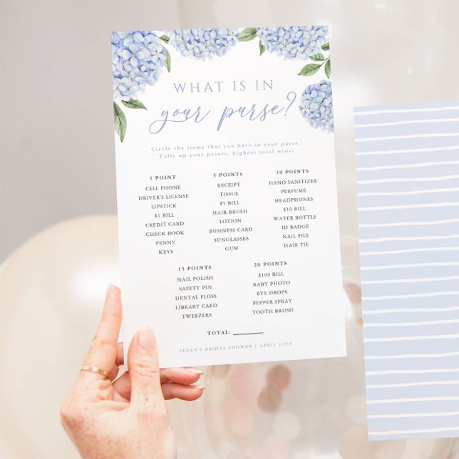 Blue Hydrangea What Is In Your Purse Game Card (Creator Uploaded)