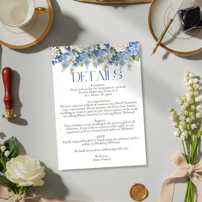 Blue Hydrangea White Floral Garden Wedding Details Enclosure Card (Creator Uploaded)
