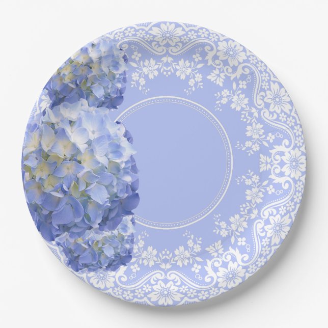 Blue Hydrangea White Lace Party Wedding Reception Paper Plate (Front)