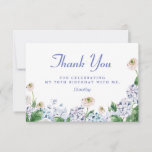 Blue Hydrangea White Rose 70th Birthday Thank You Card<br><div class="desc">Soft dusty blue and purple hydrangeas mix with soft blush white wild roses. The birthday celebrant's name is written in an easy-to-read script font. Two lines of text let you personalize your gratitude. All of the text is editable so you can customize your welcome.</div>