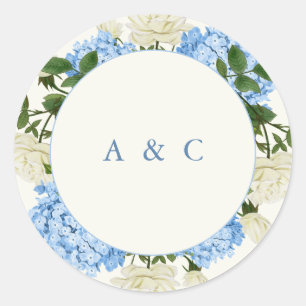 Blue Hydrangea White Rose Classic Monogram Wedding Round Sticker