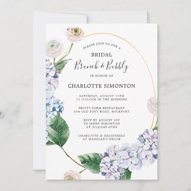 Blue Hydrangea White Rose Floral Brunch Bubbly Invitation (Front)