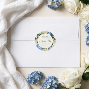 Blue Hydrangea White Rose Wedding Thank You Classic Round Sticker
