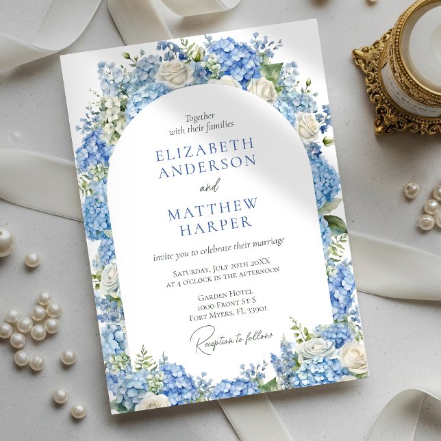 Blue Hydrangea White Roses Floral Arch Wedding Invitation (Creator Uploaded)