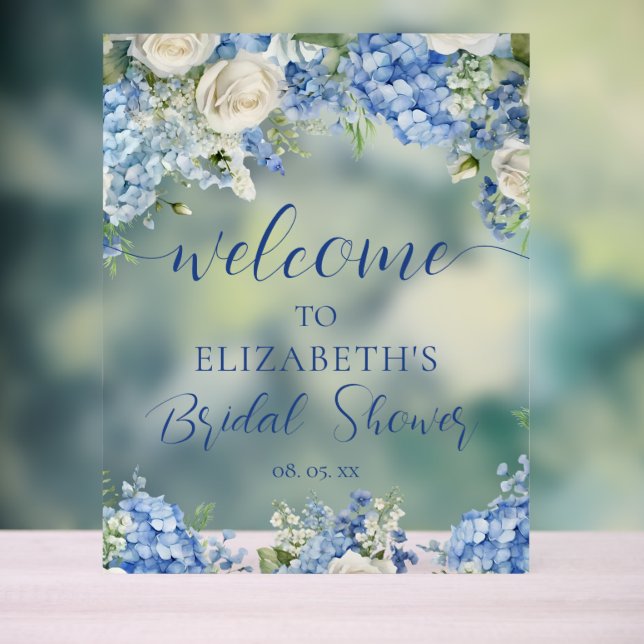 Blue Hydrangea White Roses Floral Script Welcome Acrylic Sign (Neutral)