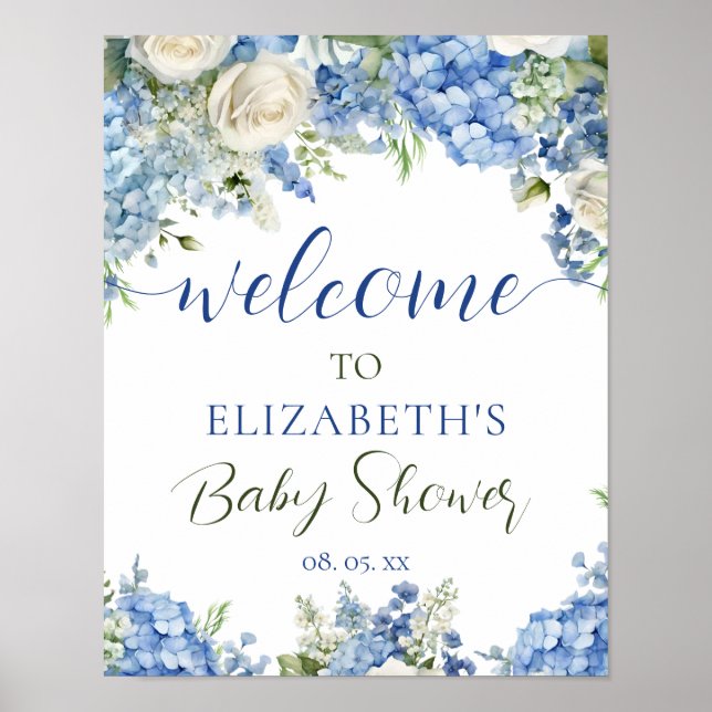 Blue Hydrangea White Roses Floral Script Welcome Poster (Front)