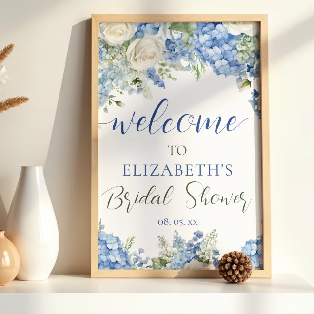 Blue Hydrangea White Roses Floral Script Welcome Poster (Creator Uploaded)