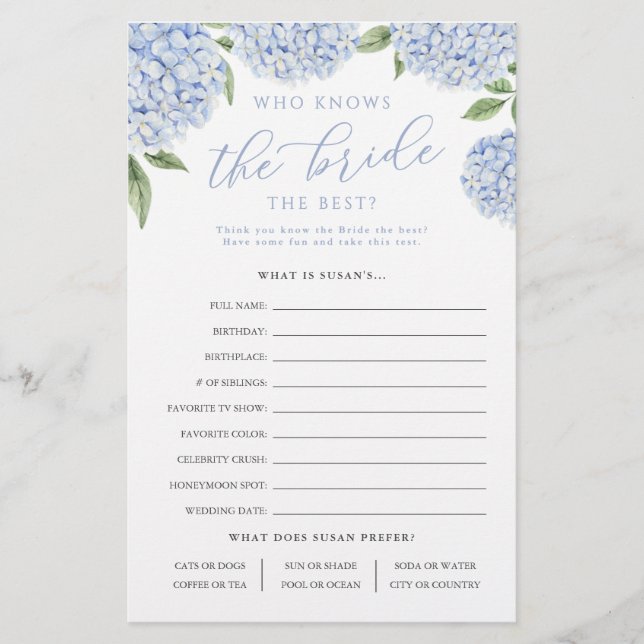 Blue Hydrangea Who Knows The Bride Paper Game Card (Front)