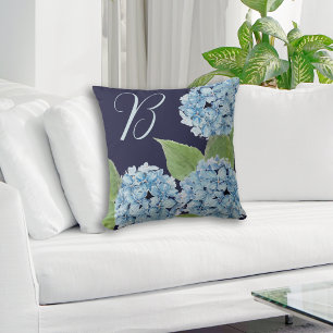 Blue Hydrangea with Initial on Navy Background Throw Pillow
