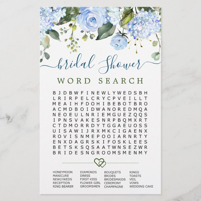 Blue Hydrangea Word Search Bridal Shower Game (Front)