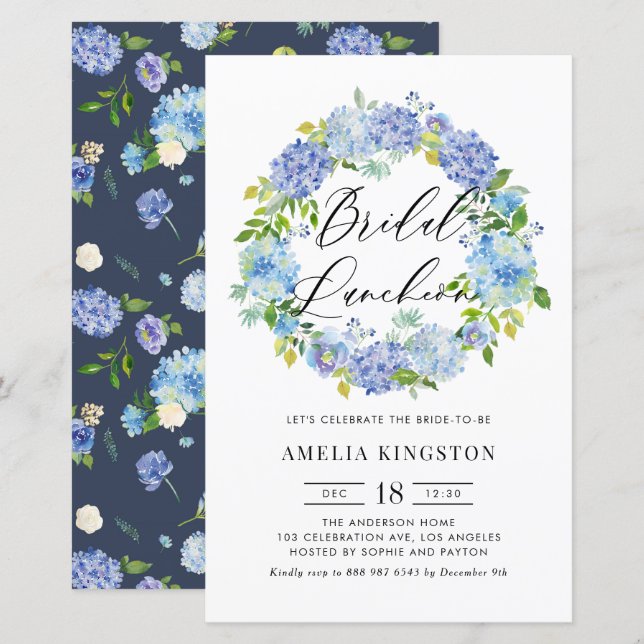 Blue Hydrangea Wreath Bridal Luncheon Invitation (Front/Back)