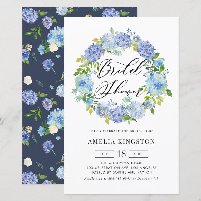 Blue Hydrangea Wreath Bridal Shower Invitation (Front/Back)