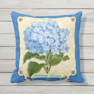 Blue Hydrangea Yellow Damask Banner Tile Cutouts Throw Pillow