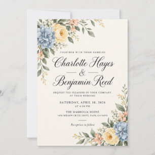 Blue Hydrangea Yellow Floral Wedding Invitation