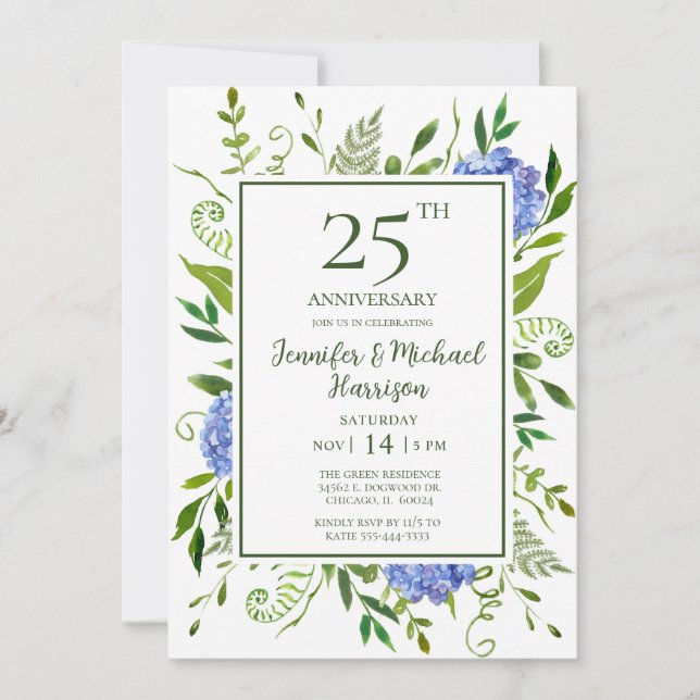 Blue Hydrangeas 25th Anniversary Invitation (Front)