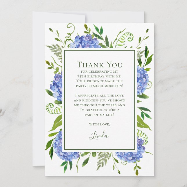 Blue Hydrangeas 75th Birthday  Thank You Card (Front)