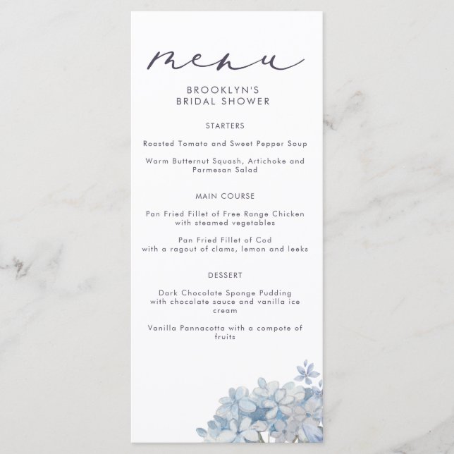 Blue Hydrangeas and Calligraphy Bridal Shower Menu (Front)