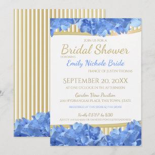 Blue Hydrangeas and Gold Stripes Bridal Shower Invitation