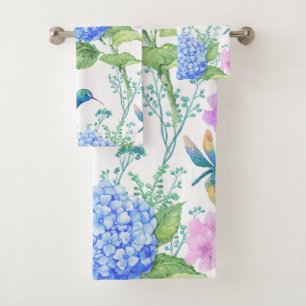 Blue Hydrangeas And Hummingbirds Bath Towel Set