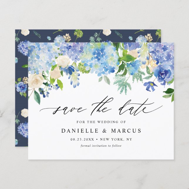 Blue Hydrangeas and Ivory Roses Save The Date (Front/Back)