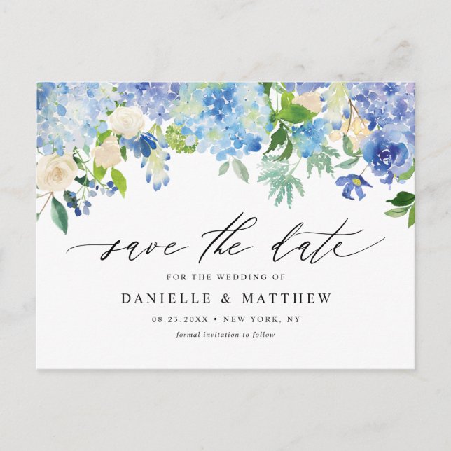 Blue Hydrangeas and Ivory Roses Save The Date Postcard (Front)