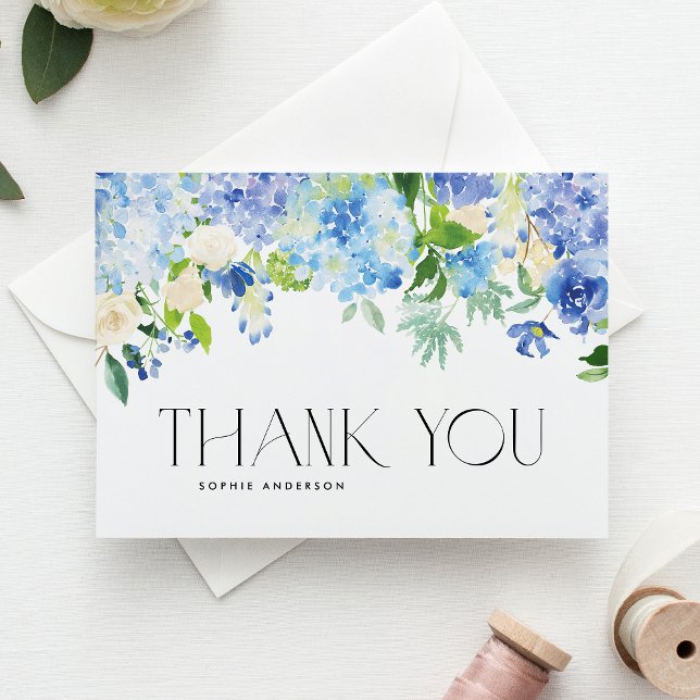 Blue Hydrangeas and Ivory Roses Wedding Thank You Card (Creator Uploaded)