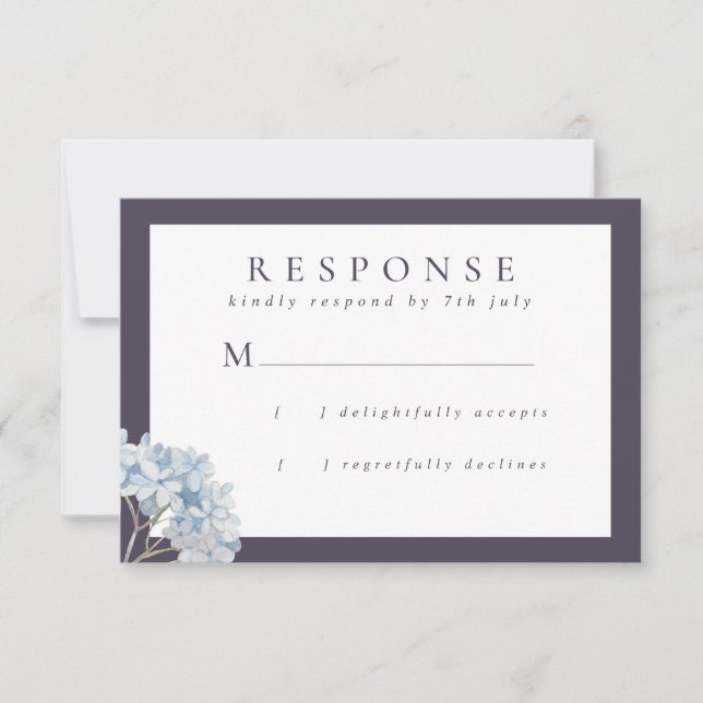 Blue Hydrangeas and Navy Wedding RSVP Card (Front)