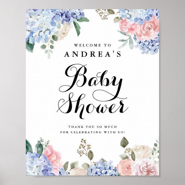 Blue Hydrangeas and Pink Roses Baby Shower Welcome Poster (Front)