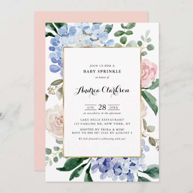 Blue Hydrangeas and Pink Roses Baby Sprinkle Invitation (Front/Back)