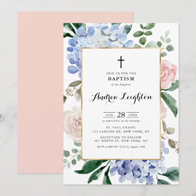 Blue Hydrangeas and Pink Roses Baptism Invitation (Front/Back)