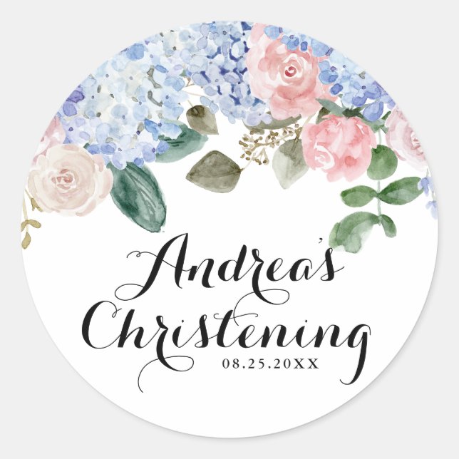 Blue Hydrangeas and Pink Roses Christening Classic Round Sticker (Front)
