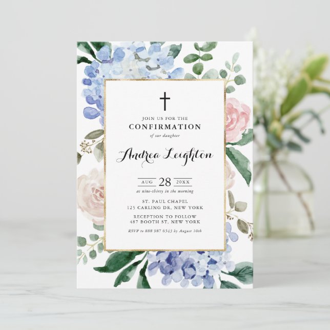 Blue Hydrangeas and Pink Roses Confirmation Invitation (Standing Front)