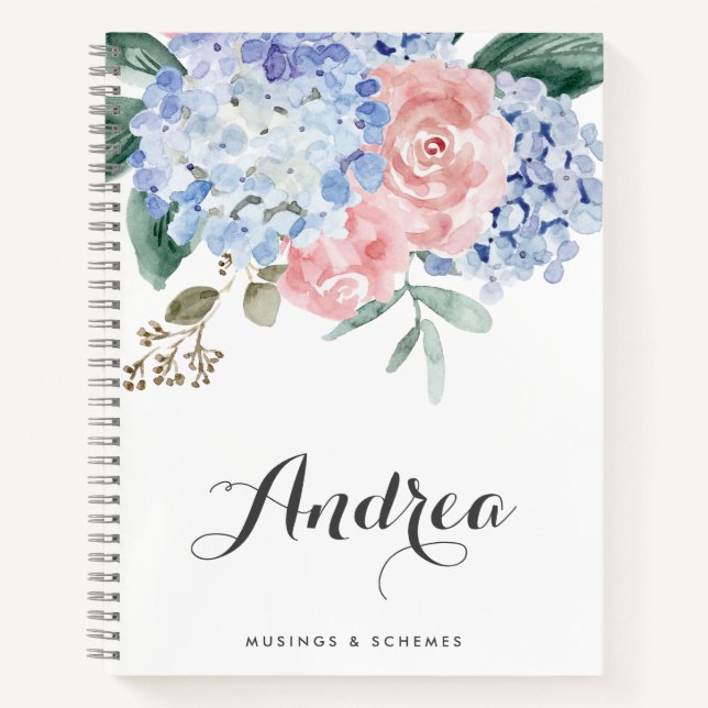 Blue Hydrangeas and Pink Roses Custom Notebook (Front)