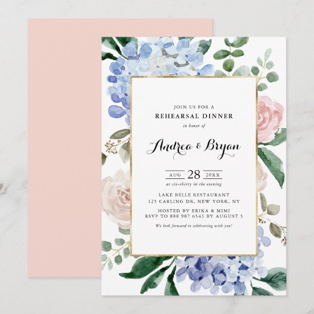 Blue Hydrangeas and Pink Roses Rehearsal Dinner Invitation (Front/Back)