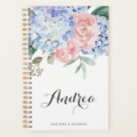Blue Hydrangeas and Pink Roses Script Planner<br><div class="desc">Elegant and feminine planner featuring watercolor floral bouquet of blue hydrangeas and blush pink roses with greenery accents. This floral planner will be perfect as a personalized gift. Personalize by adding names and other details.</div>