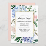 Blue Hydrangeas and Pink Roses Wedding Anniversary Invitation<br><div class="desc">Invite family and friends to your event with this floral wedding anniversary invitation. It features watercolor illustrations of blue hydrangeas, blush pink roses, eucalyptus and greenery with faux gold foil frame. Personalize by adding event, name, time, date, venue and other event details. You can also change the back image to...</div>