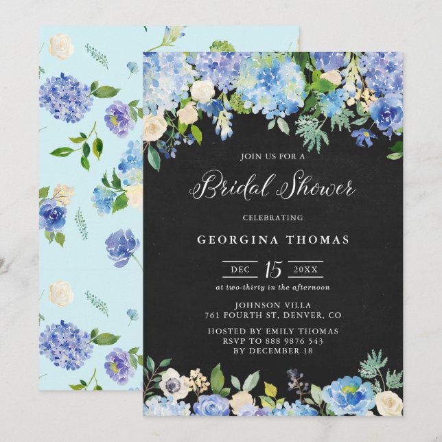Blue Hydrangeas and Roses Chalkboard Bridal Shower Invitation (Front/Back)