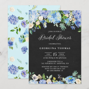 Blue Hydrangeas and Roses Chalkboard Bridal Shower Invitation